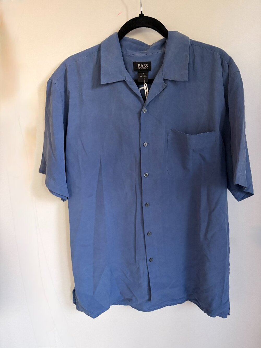 Vintage 90s Bass 100% Silk Button Up Shirt Blue Short Sleeve Mens M Unisex